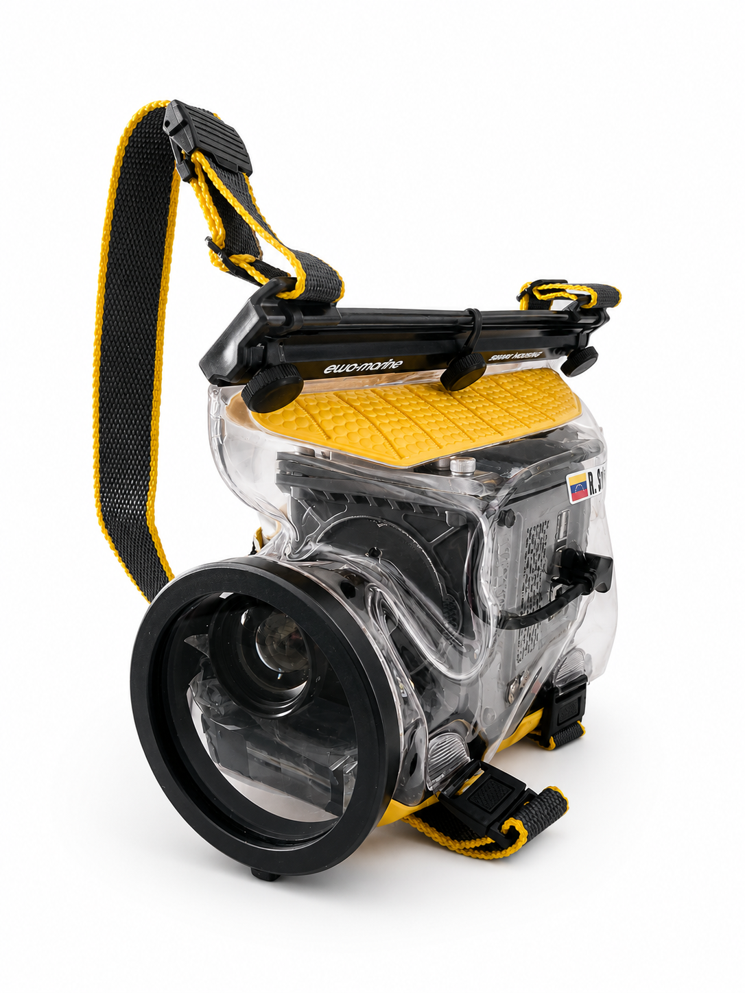 Front studio-style photo of Cine ROro inside the underwater housing
